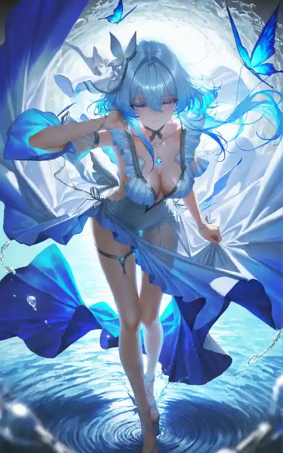 4k美女壁纸 - 蝴蝶 - 蓝色系 - 月光场景「哲风壁纸」