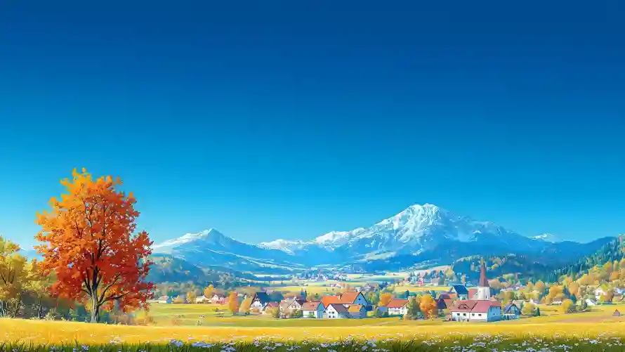 4k红叶壁纸 - 秋天小镇 - 蓝天雪山 - wallpaper「哲风壁纸」
