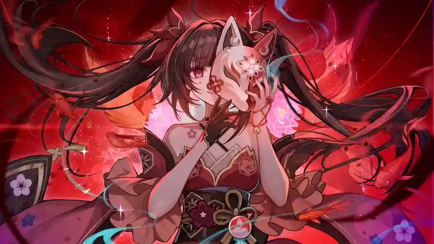 10k面具壁纸-神秘插画和马尾-红色背景免费下载「哲风壁纸」