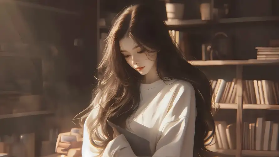 15k温暖壁纸-室内场景 - 美女-暖光书房壁纸分享「哲风壁纸」