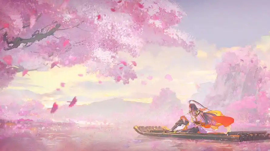 3k动漫角色壁纸-古风场景和山水背景-樱花舟行「哲风壁纸」