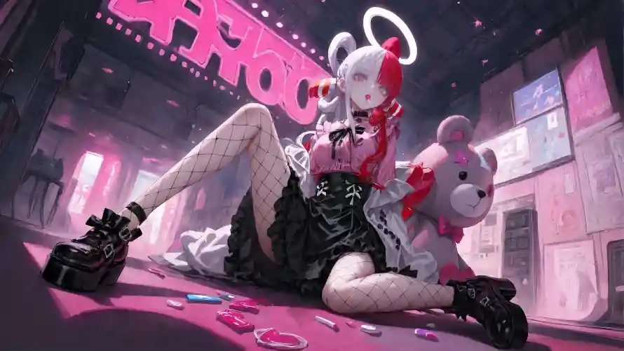 4k潮酷壁纸-玩偶熊和个性插画-甜酷少女「哲风壁纸」