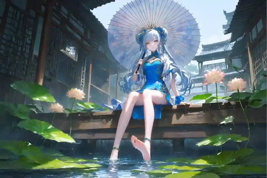 4k荷花池壁纸 - 旗袍长腿 - 撑伞美少女 - wallpaper「哲风壁纸」