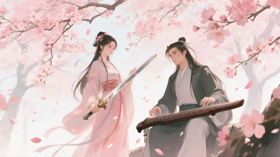 3k侠侣壁纸-唯美背景壁纸和剑琴-抚琴男子免费下载「哲风壁纸」