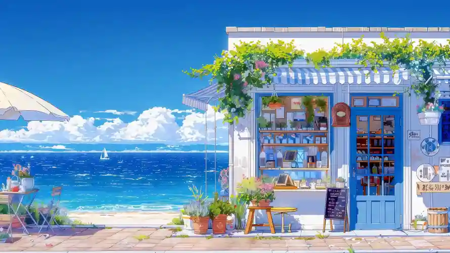 4k夏日壁纸 - 碧海蓝天 - 滨海小店 - wallpaper「哲风壁纸」