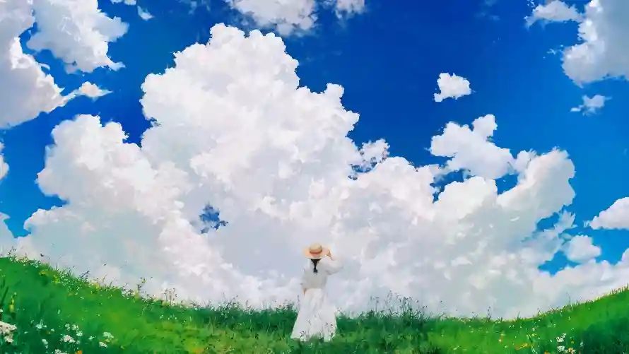 4k草原壁纸 - 蓝天白云 - 白衣女孩 - wallpaper「哲风壁纸」