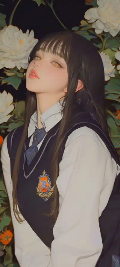 4kAI少女壁纸 - 手机壁纸 - 校服少女 - 花朵元素「哲风壁纸」