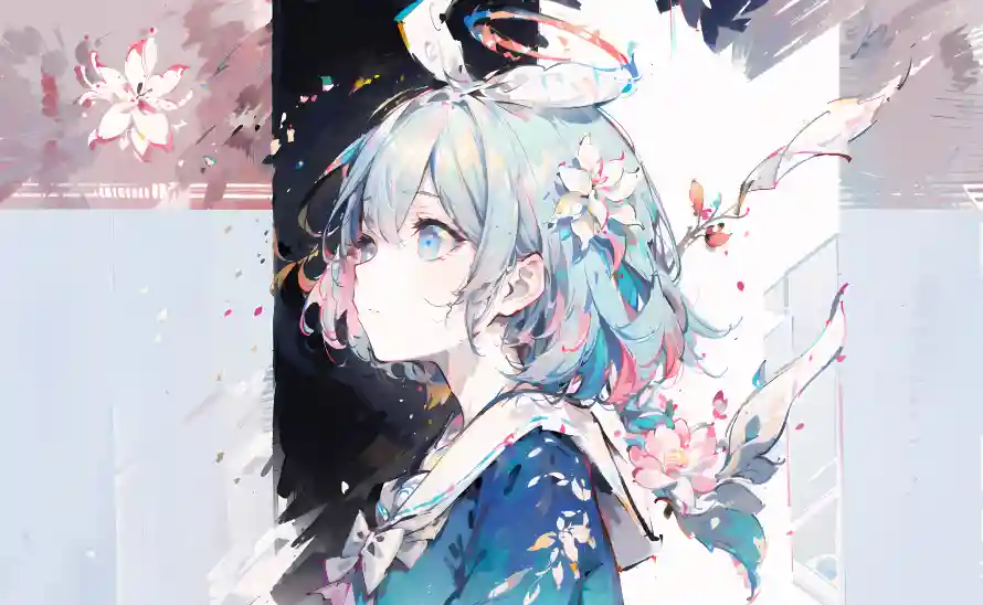 7k阿洛娜壁纸-插画风格壁纸和花朵元素-蓝发少女「哲风壁纸」