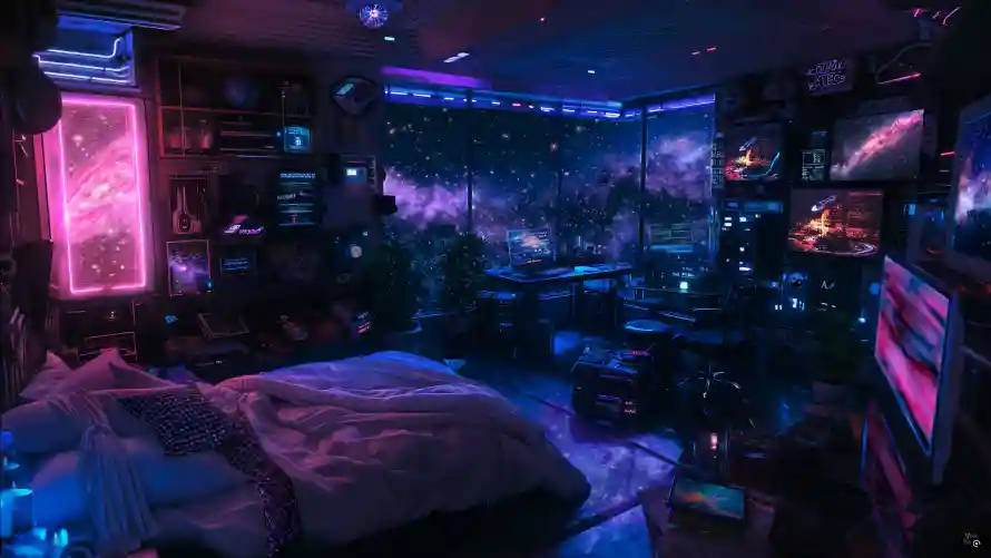 4k赛博灯光壁纸 - 太空卧室 - 宇宙房间 - wallpaper「哲风壁纸」