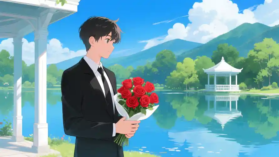 3k浪漫插画壁纸-湖景凉亭和玫瑰表白-表白场景「哲风壁纸」