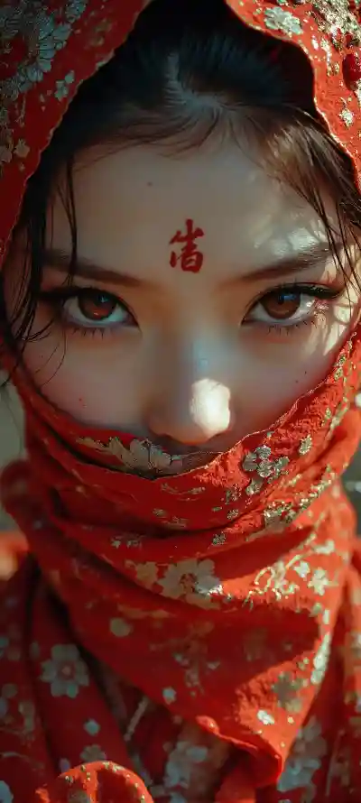 4k红色壁纸 - 美女 - 红色头巾 - 红色服饰「哲风壁纸」