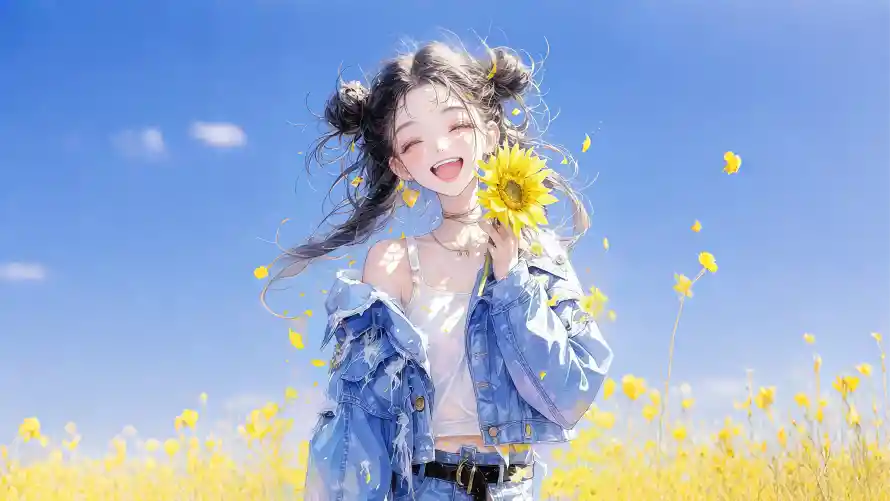 4k向日葵壁纸-少女花海与晴空蓝天-花海少女「哲风壁纸」