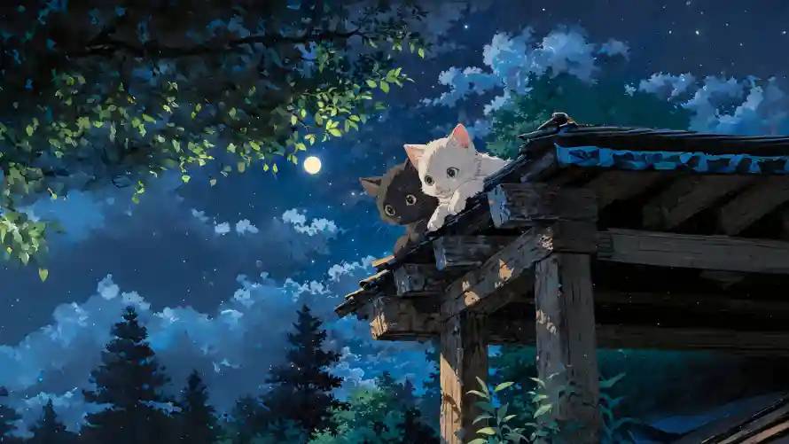 4k夜晚壁纸-宠物小猫壁纸和黑猫白猫-夜晚黑猫白猫「哲风壁纸」