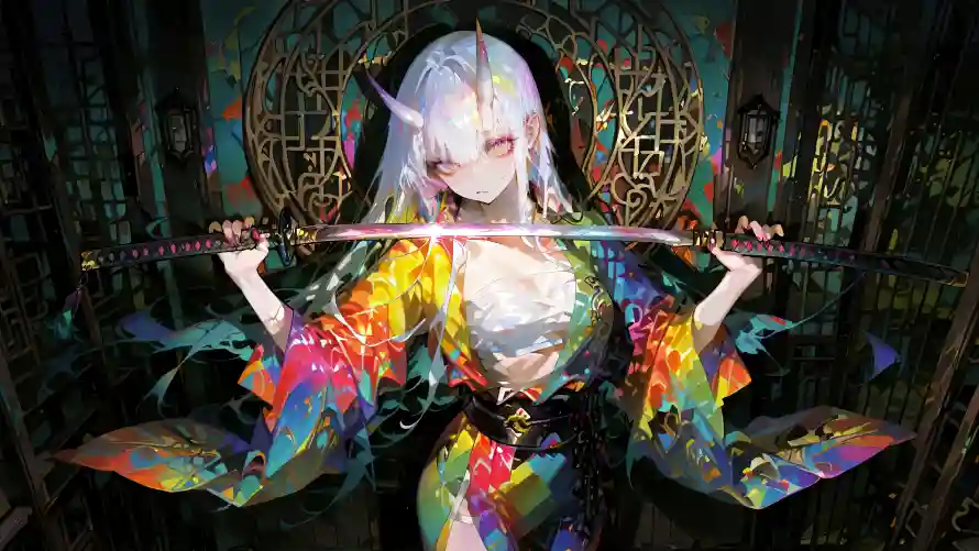 8k武士刀壁纸-彩色衣服 - 恶魔之角-白发女孩「哲风壁纸」