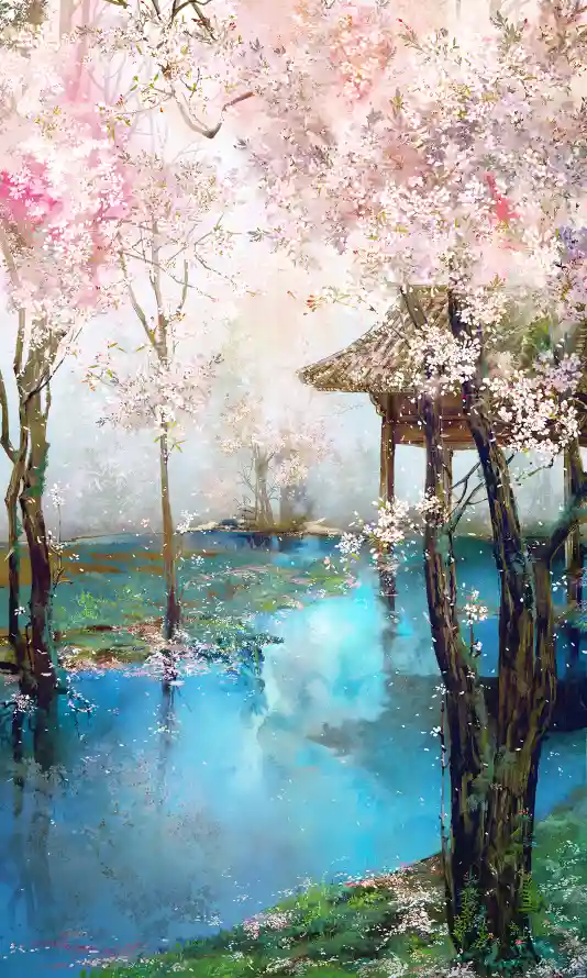 4k阴阳师壁纸 - 和风插画 - 庭院水池 - 日系和风「哲风壁纸」