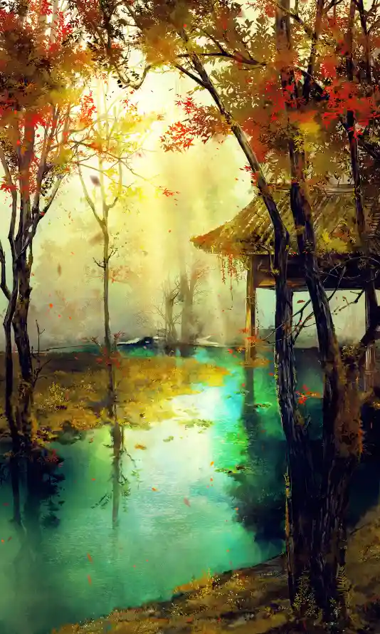 4k阴阳师壁纸 - 森林小屋 - 游戏场景 - 秋日溪流「哲风壁纸」