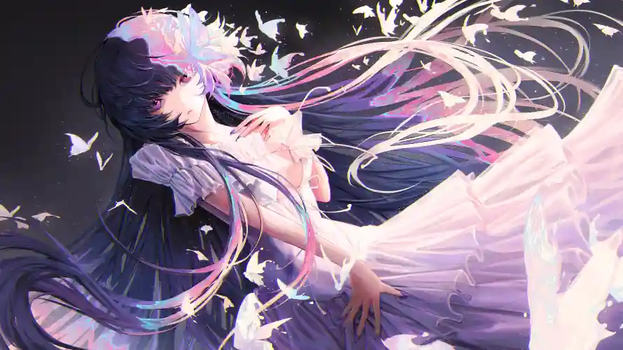 5k蝴蝶壁纸-美少女和幻纱长发-梦幻插画「哲风壁纸」