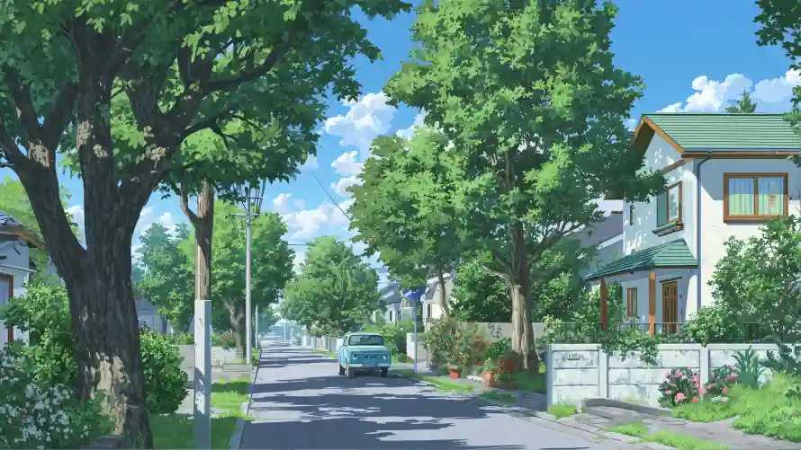 4k小镇壁纸-动漫场景与绿树-夏日小镇免费下载「哲风壁纸」