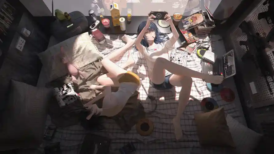 4k躺着壁纸 - 玩手机 - 休息日 - 闺蜜姐妹「哲风壁纸」