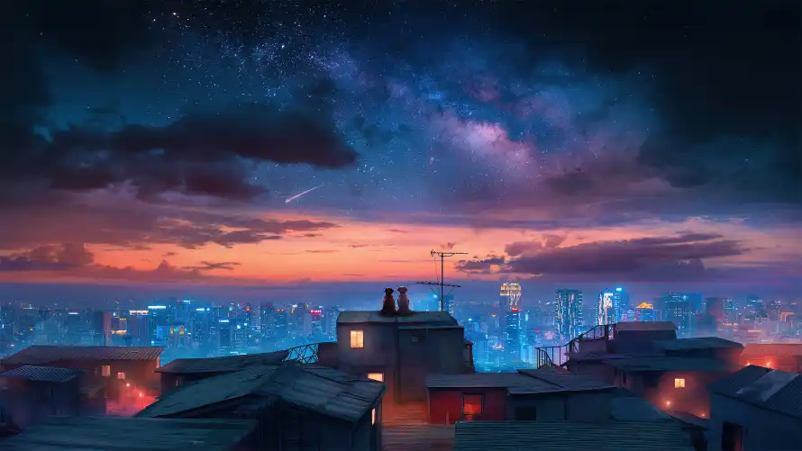 4k屋顶壁纸 - 星空 - 狗狗 - 城市夜景「哲风壁纸」