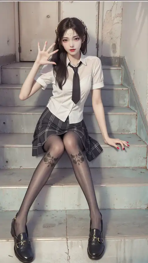 4k坐姿壁纸 - 女生 - 校服 - 楼梯「哲风壁纸」