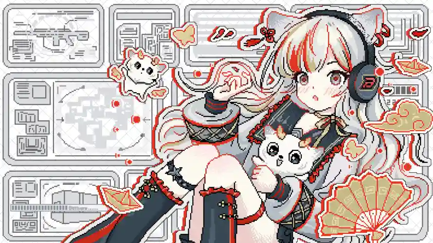4k扇子壁纸-机械风与猫耳-红黑服饰免费下载「哲风壁纸」