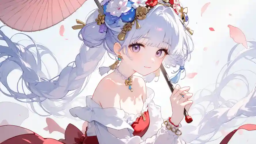 4k可爱壁纸 - 高清 - 持伞女孩 - 粉色花瓣「哲风壁纸」