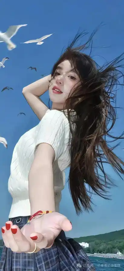 4k海鸥壁纸 - 美女 - 蓝天 - 格子裙「哲风壁纸」