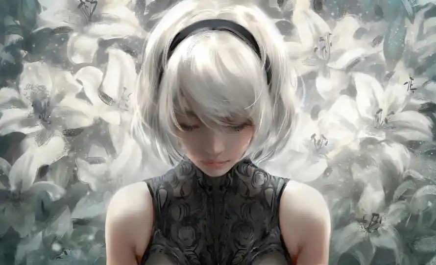 4k银发壁纸 - 白色花朵 - 2b小姐姐 - 尤尔哈2B「哲风壁纸」