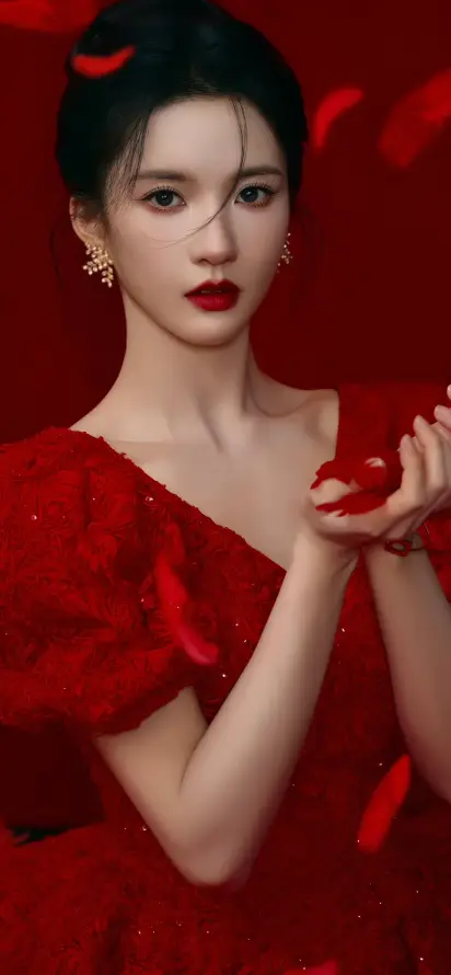 4k红色壁纸 - 红衣 - 美女 - 花瓣「哲风壁纸」