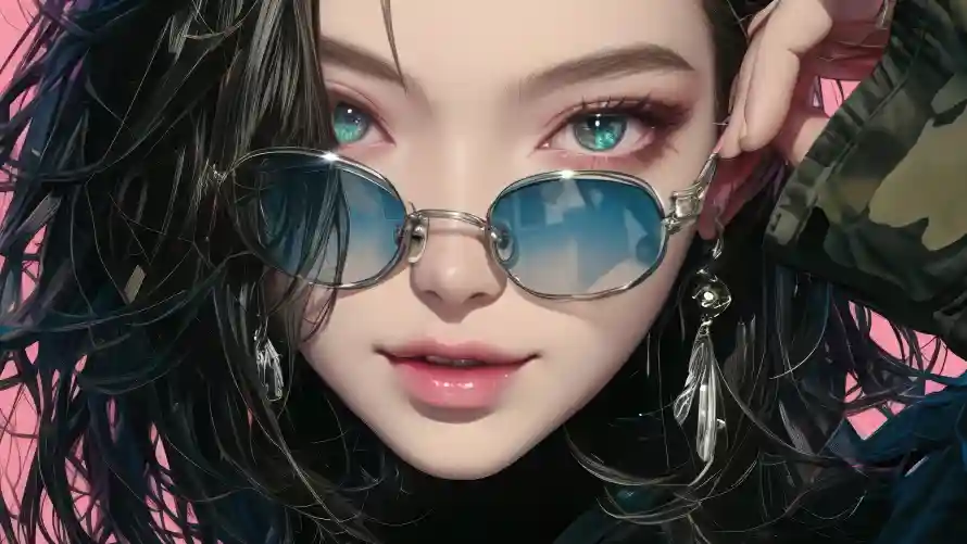 4k绿瞳壁纸 - 时尚女孩 - 蓝色眼镜 - wallpaper「哲风壁纸」