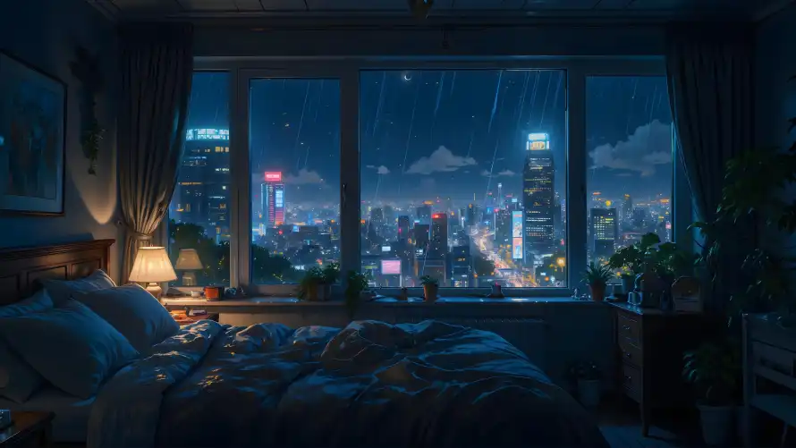 4k卧室台灯壁纸 - 城市夜景 - 城市雨景 - 夜晚窗景「哲风壁纸」
