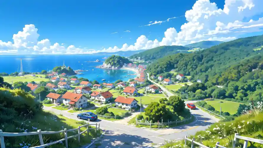 4k海景壁纸-滨海小镇和海湾-红顶房屋壁纸推荐「哲风壁纸」