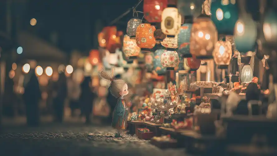 4k古风壁纸 - 夜市 - 摊位 - 灯笼「哲风壁纸」