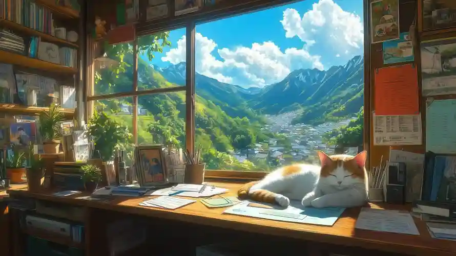 4k书架壁纸-橘花猫 - 阳光-书桌文具热门的壁纸「哲风壁纸」