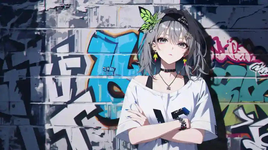 4k少女壁纸 - 灰发 - 涂鸦墙 - 白T恤「哲风壁纸」