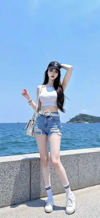4k小岛壁纸 - 手机壁纸 - 海边美女 - 牛仔短裤「哲风壁纸」