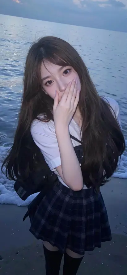 4k少女壁纸 - 海边 - 黑袜 - 格子裙「哲风壁纸」