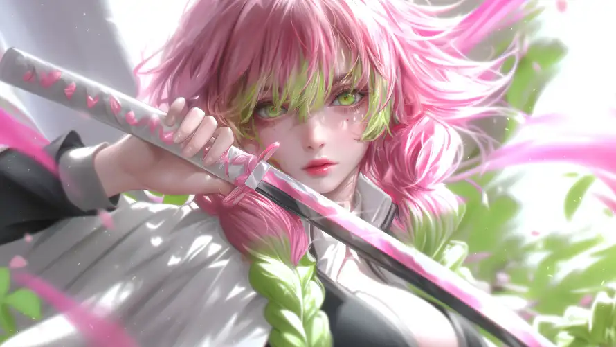 4k蜜璃壁纸 - 日轮刀 - 粉绿头发 - 粉色花瓣「哲风壁纸」 4k蜜璃壁纸 - 日轮刀 - 粉绿头发 - 粉色花瓣「哲风壁纸」