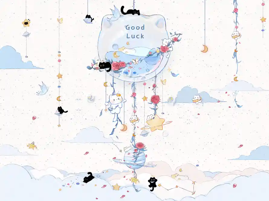 3k云朵壁纸-手绘风与小猫-GOODLUCK「哲风壁纸」