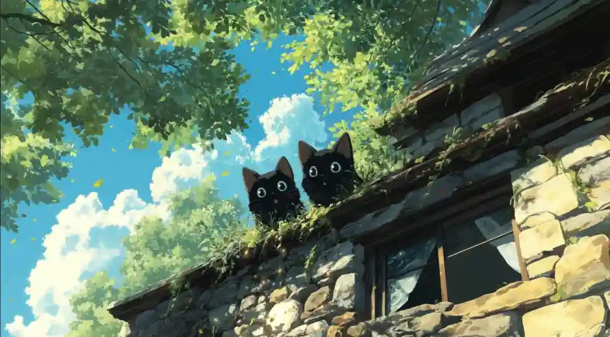 2k房屋壁纸-黑猫和绿树-壁纸分享「哲风壁纸」
