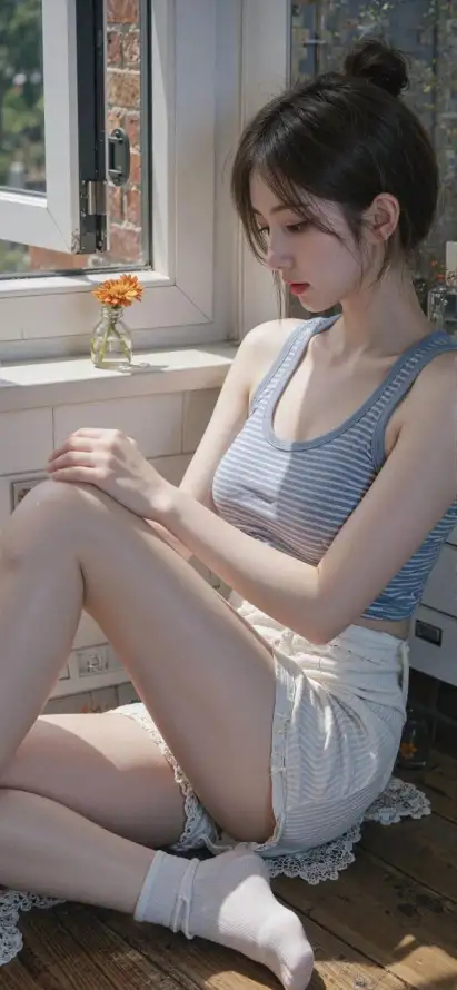 4k室内壁纸 - 白袜 - 窗边 - 美女「哲风壁纸」