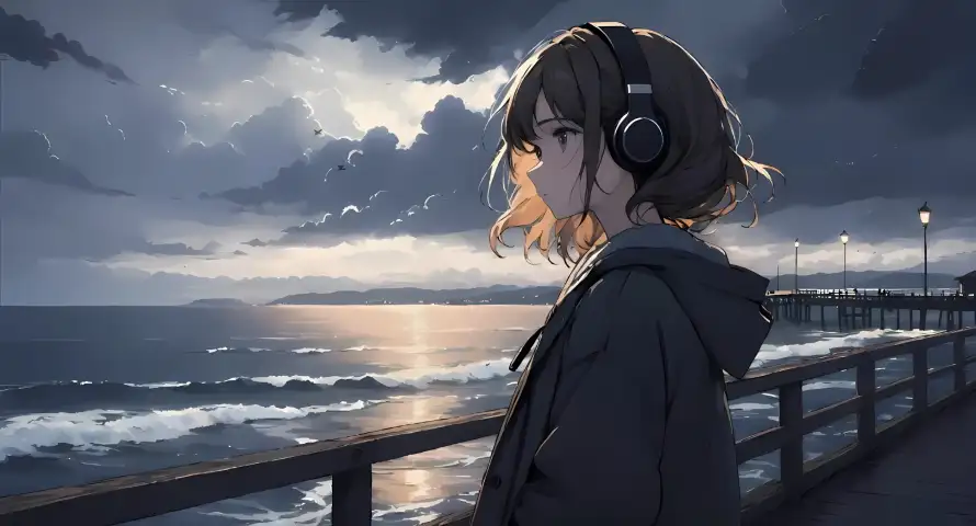 4k黄昏壁纸 - 栏杆 - 海边 - 动漫「哲风壁纸」