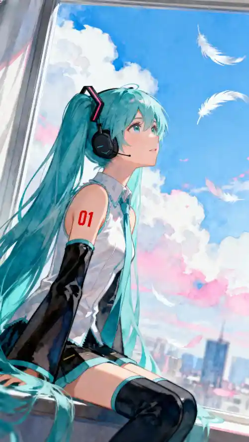 4k唯美壁纸 - 水彩 - 羽毛 - 蓝发「哲风壁纸」