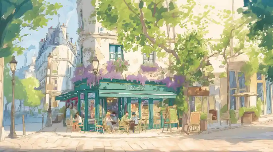 4k插画壁纸-咖啡馆和绿植-巴黎街景壁纸推荐「哲风壁纸」