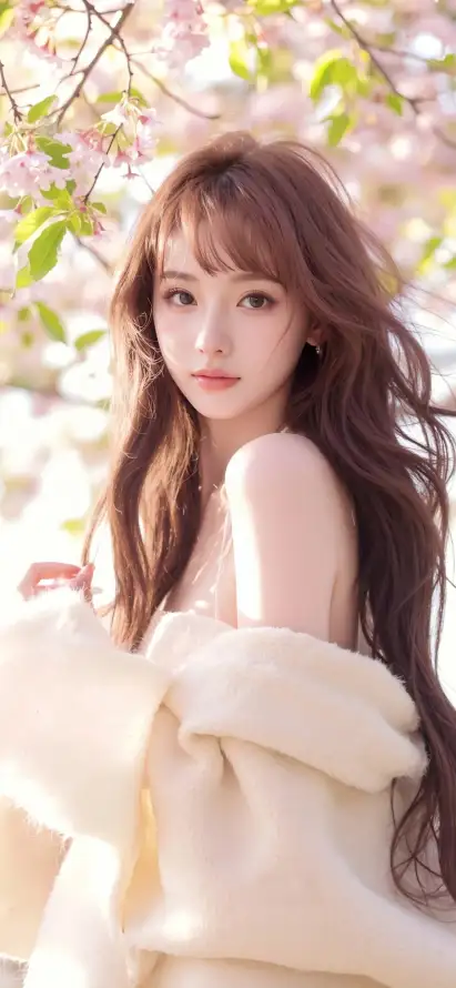 4k春日壁纸 - 樱花 - 美女 - 米白衣服「哲风壁纸」