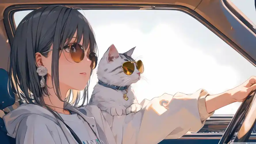 4k动漫壁纸 - 墨镜 - 插画 - 汽车「哲风壁纸」