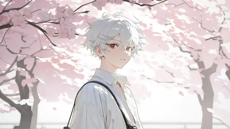 4k樱花壁纸 - 白发 - 白衣 - 红瞳「哲风壁纸」