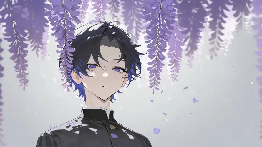 5k树叶壁纸-二次元与紫眸-黑色制服壁纸分享「哲风壁纸」