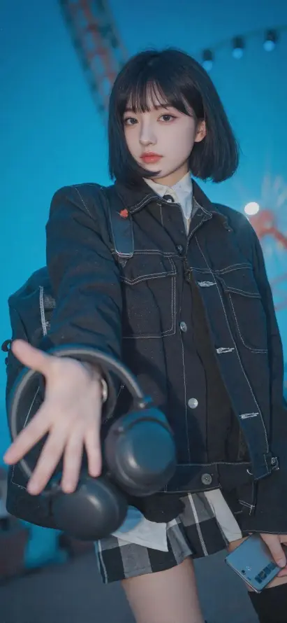 4k耳机壁纸 - 手机壁纸 - 格子短裙 - 短发美女「哲风壁纸」